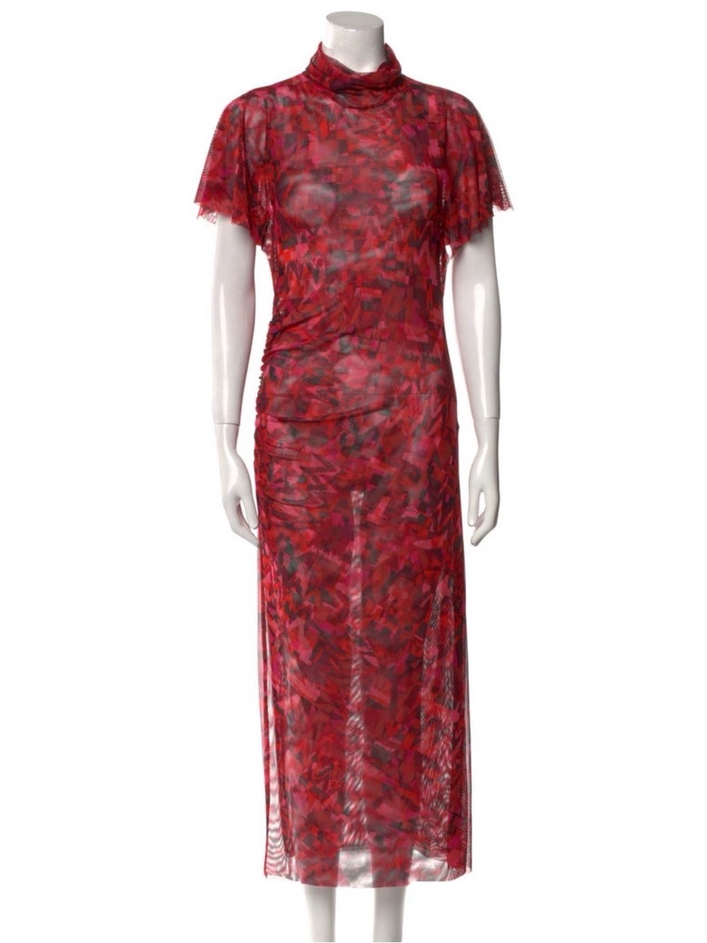 Misa Los Angeles Red Printed Mesh Midi Dress with Mock Neck